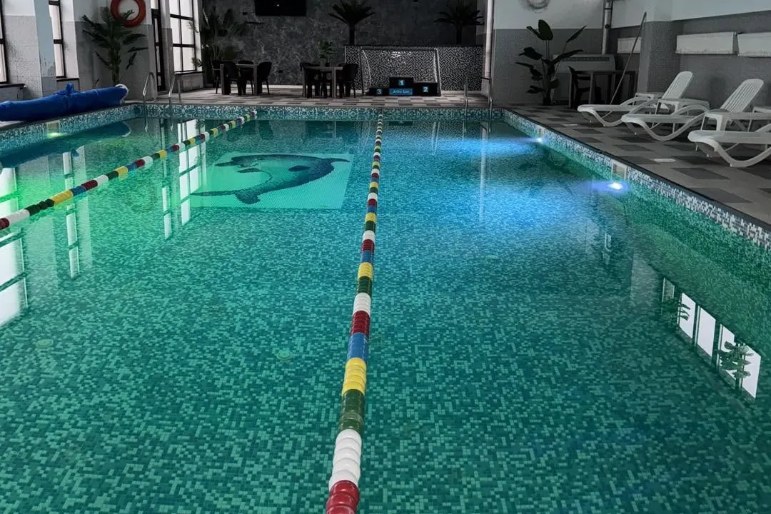 Culoarele piscinei, despărțite de corzi colorate, cu un delfin în mozaic pe fund